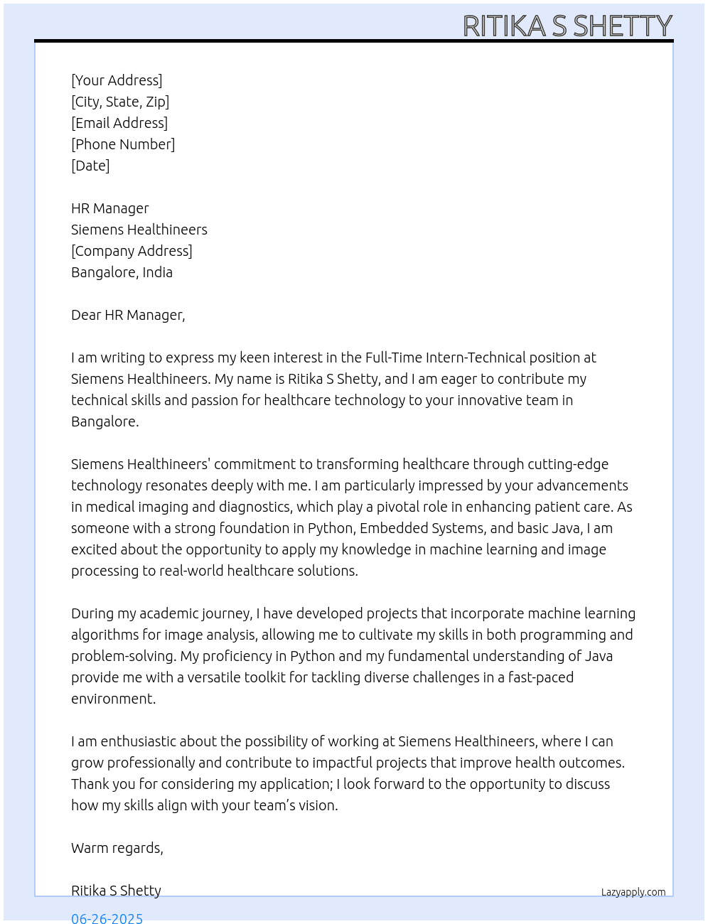 Intern-Technical At Siemens Healthineers Cover Letter