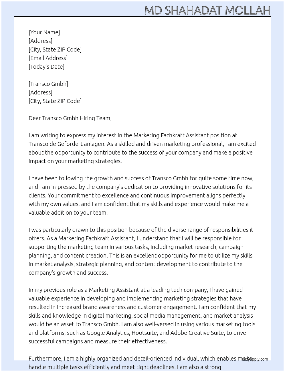 Marketing fachkraft assistant  At Transco de Gefordert anlagen Cover Letter