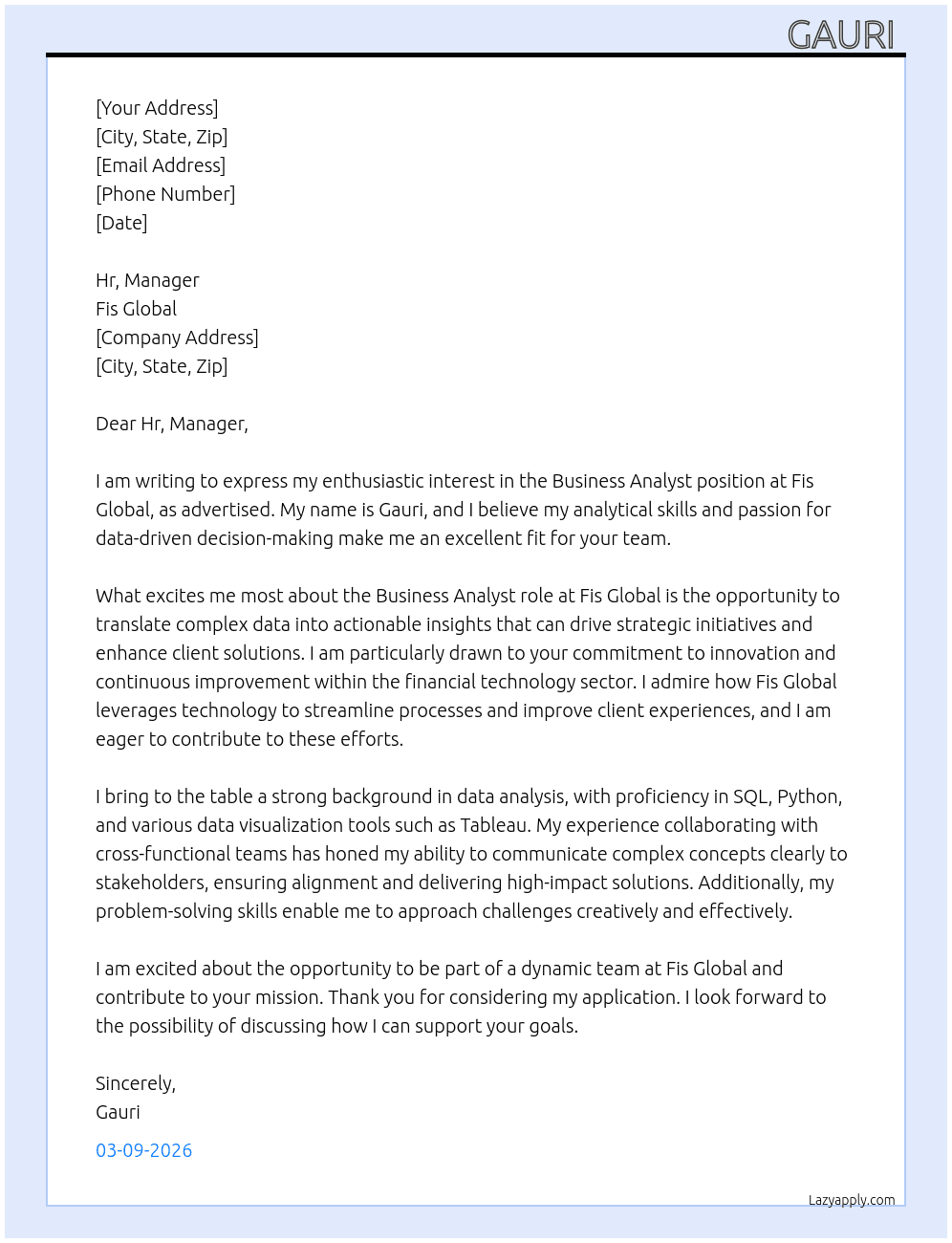 Business analyst  At Fis Global  Cover Letter