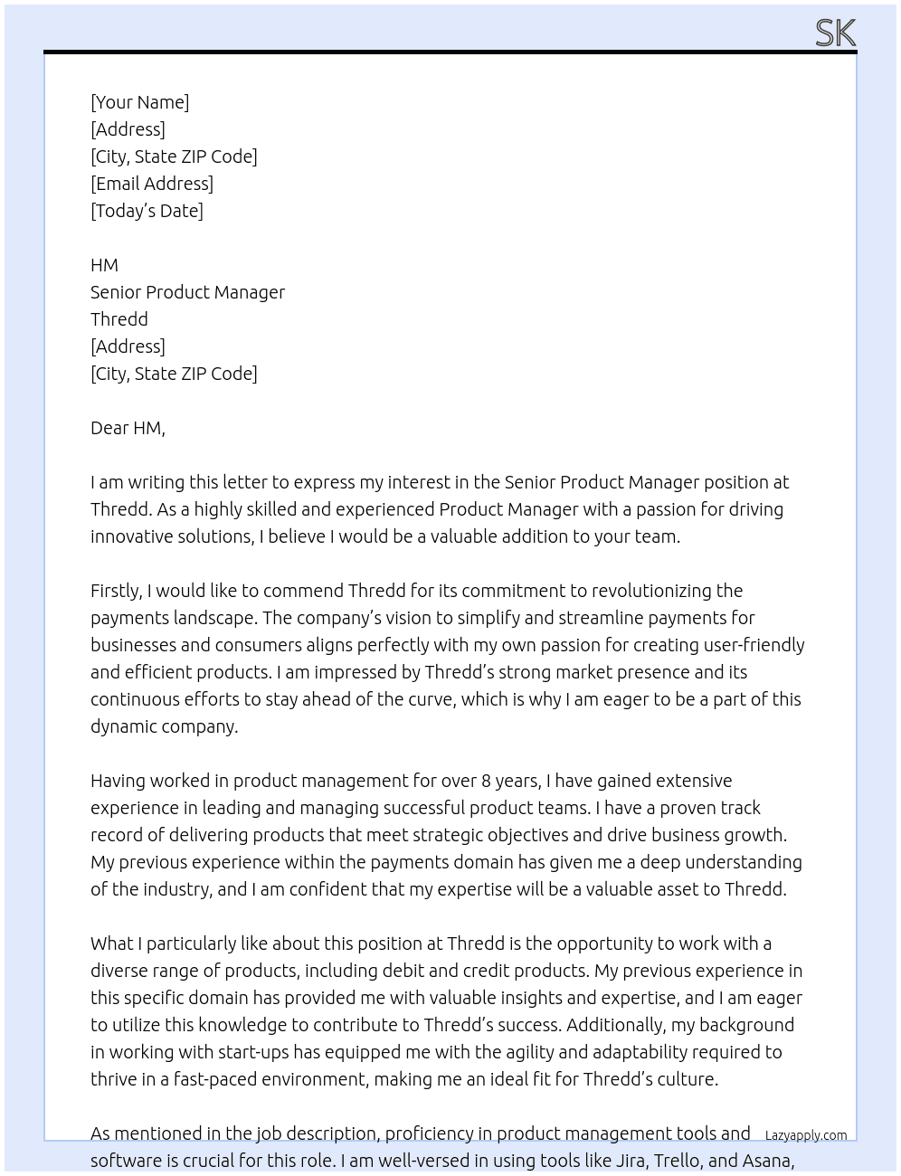 Senior Product Manager At Thredd Cover Letter