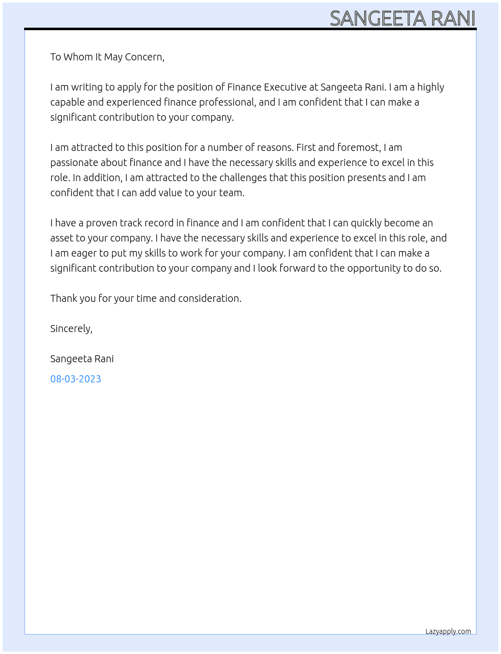 Finance Executive  At Sangeeta Rani Cover Letter