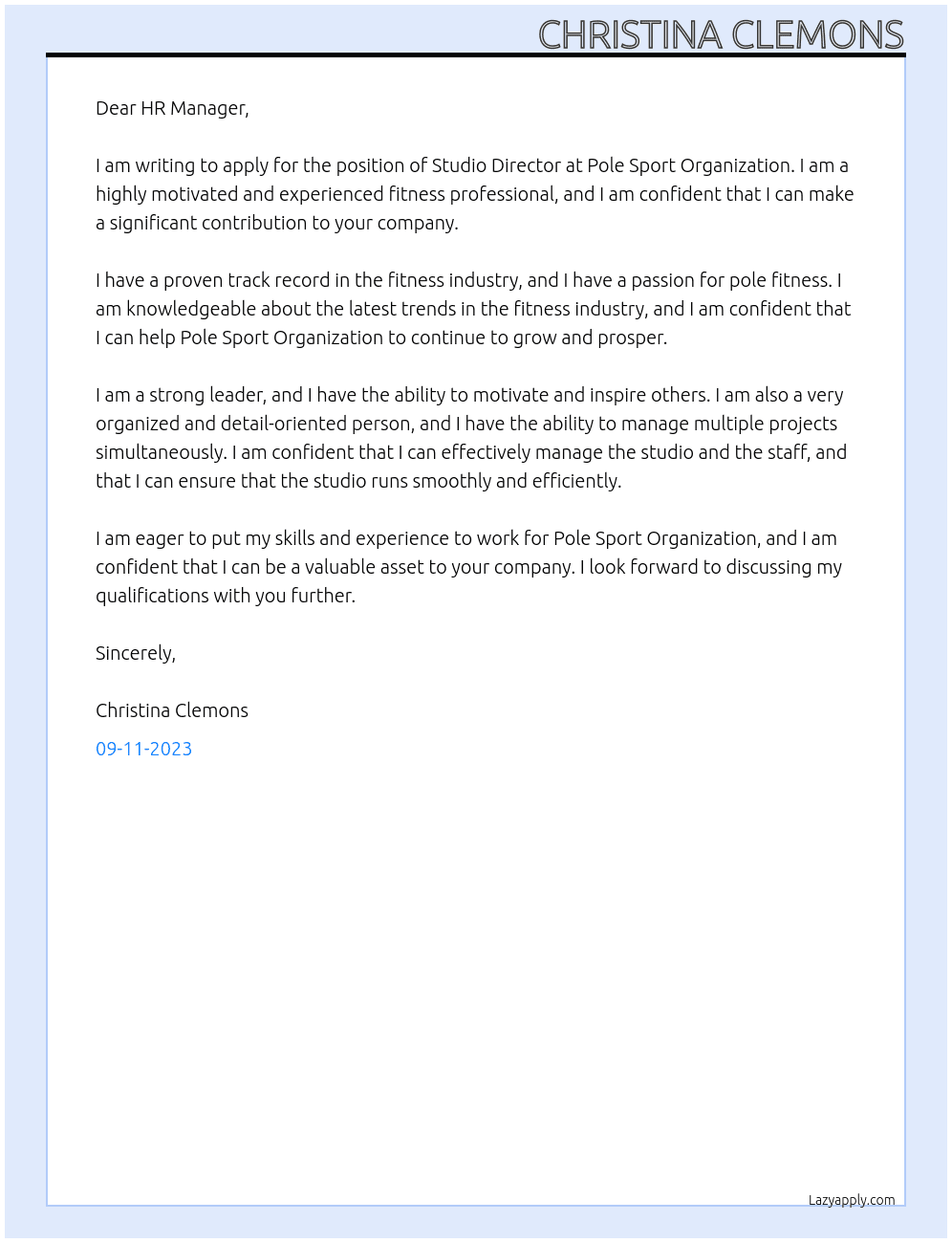 Studio Director At Pole Sport Organization Cover Letter