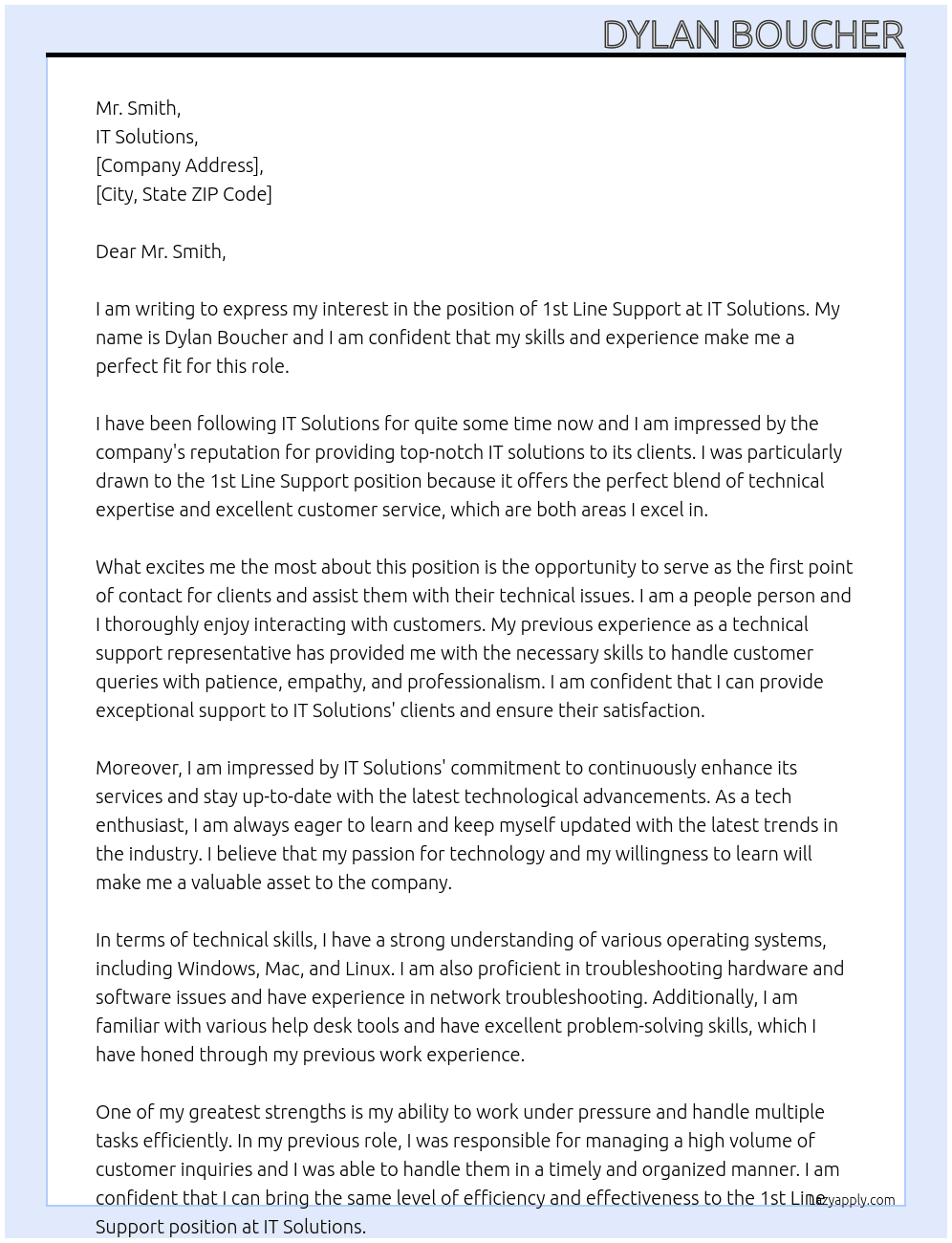 1st line support At IT solutions Cover Letter