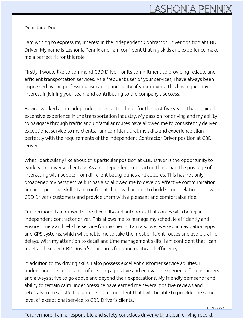 Independent contractor driver At CBD driver Cover Letter