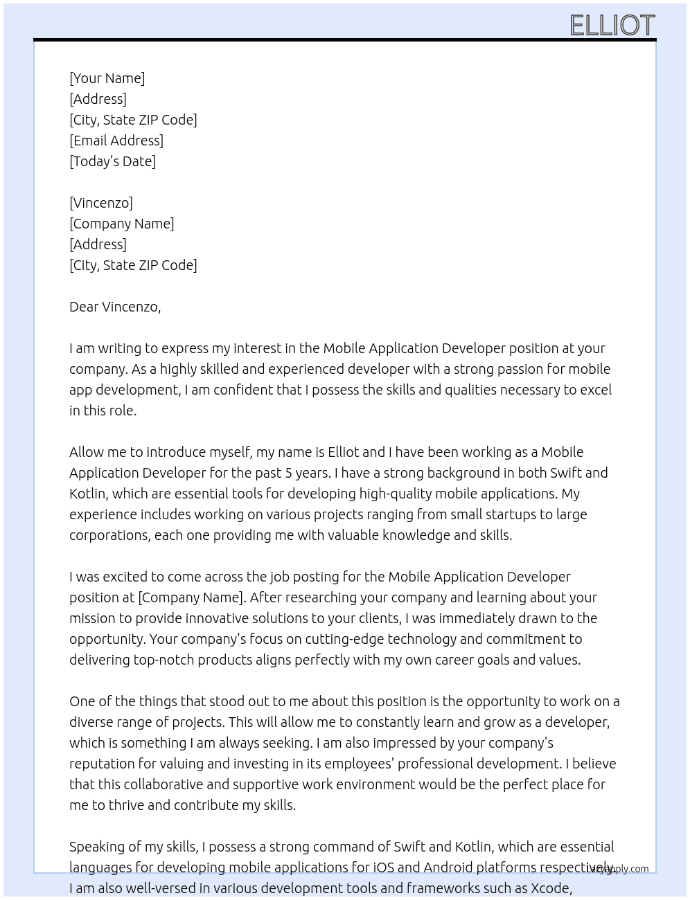 Mobile Application Developer At Vincenzo Cover Letter