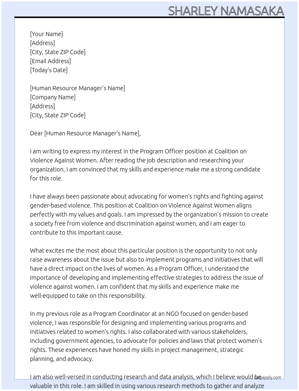 Program Officer  At Coalition on Violence Against Women Cover Letter