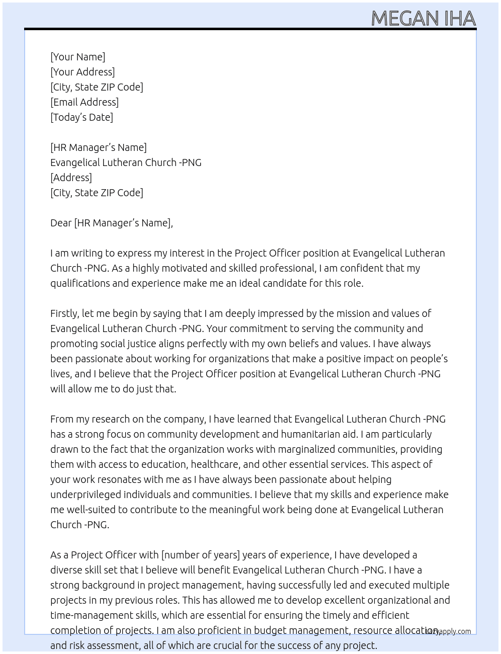 Project Officer At Evangelical Lutheran Church -PNG Cover Letter