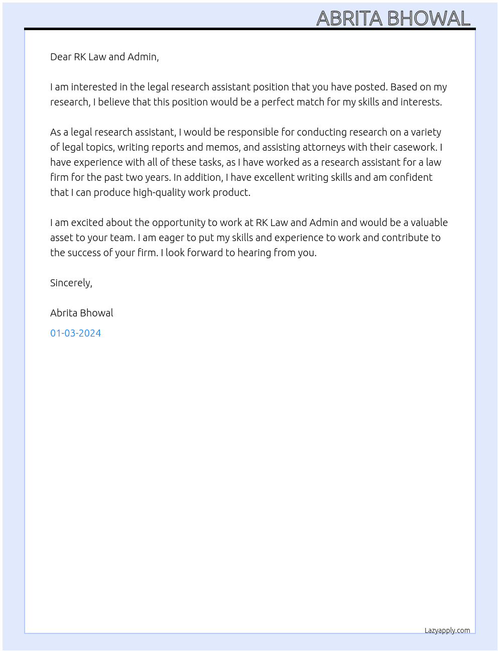 Legal research assistant  At RK Law and Admin Cover Letter