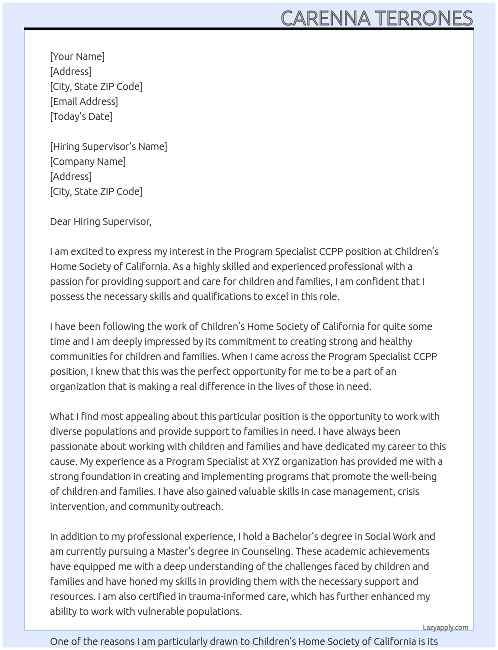 Program Specialist CCPP  At Children’s home society of California Cover Letter