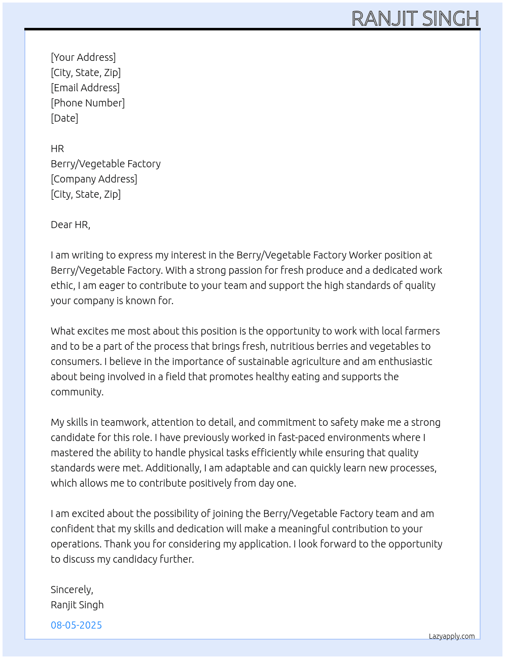 Berry/Vegetable Factory Workers At Berry/Vegetable Factory Cover Letter