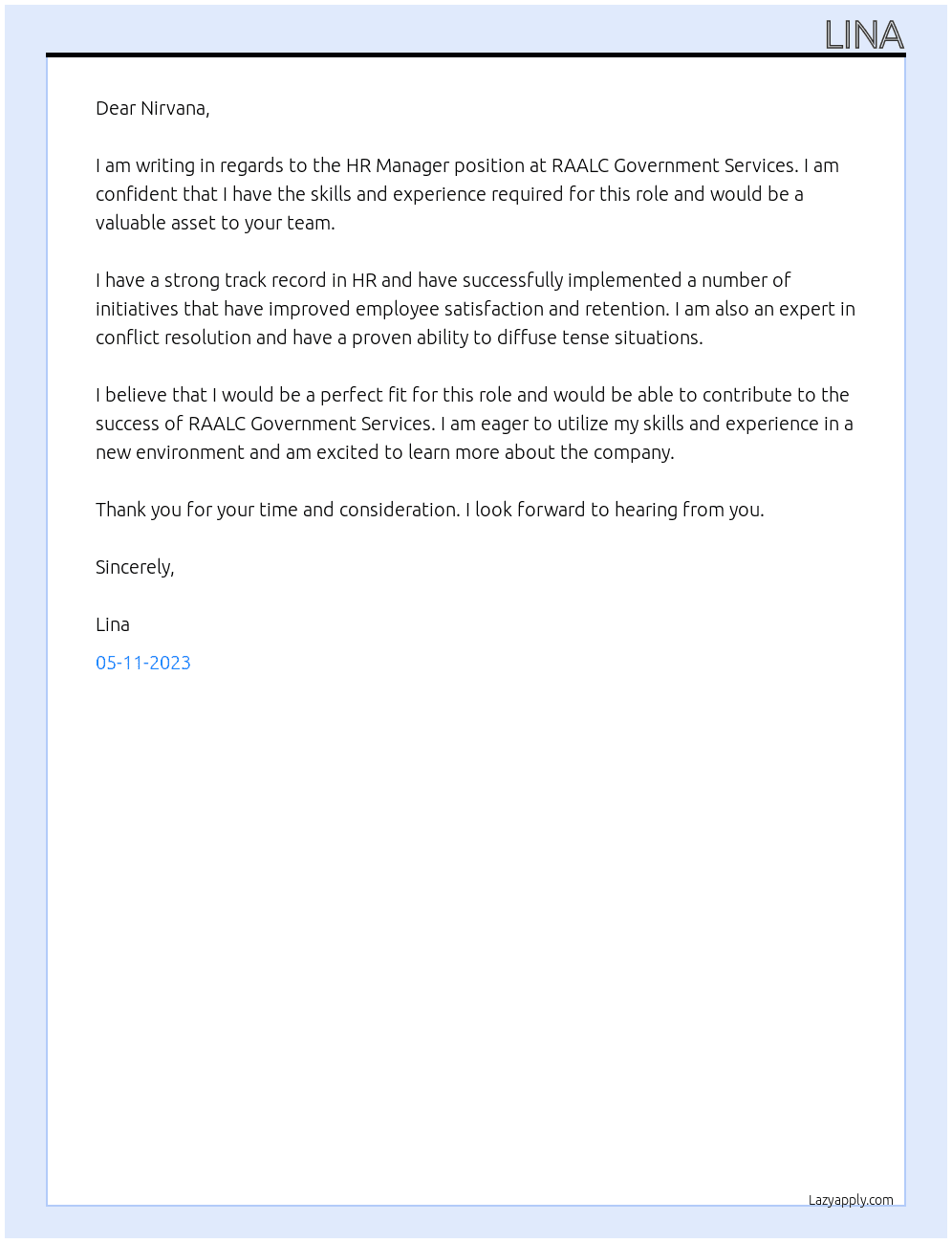 HR Manager At RAALC Government Services Cover Letter