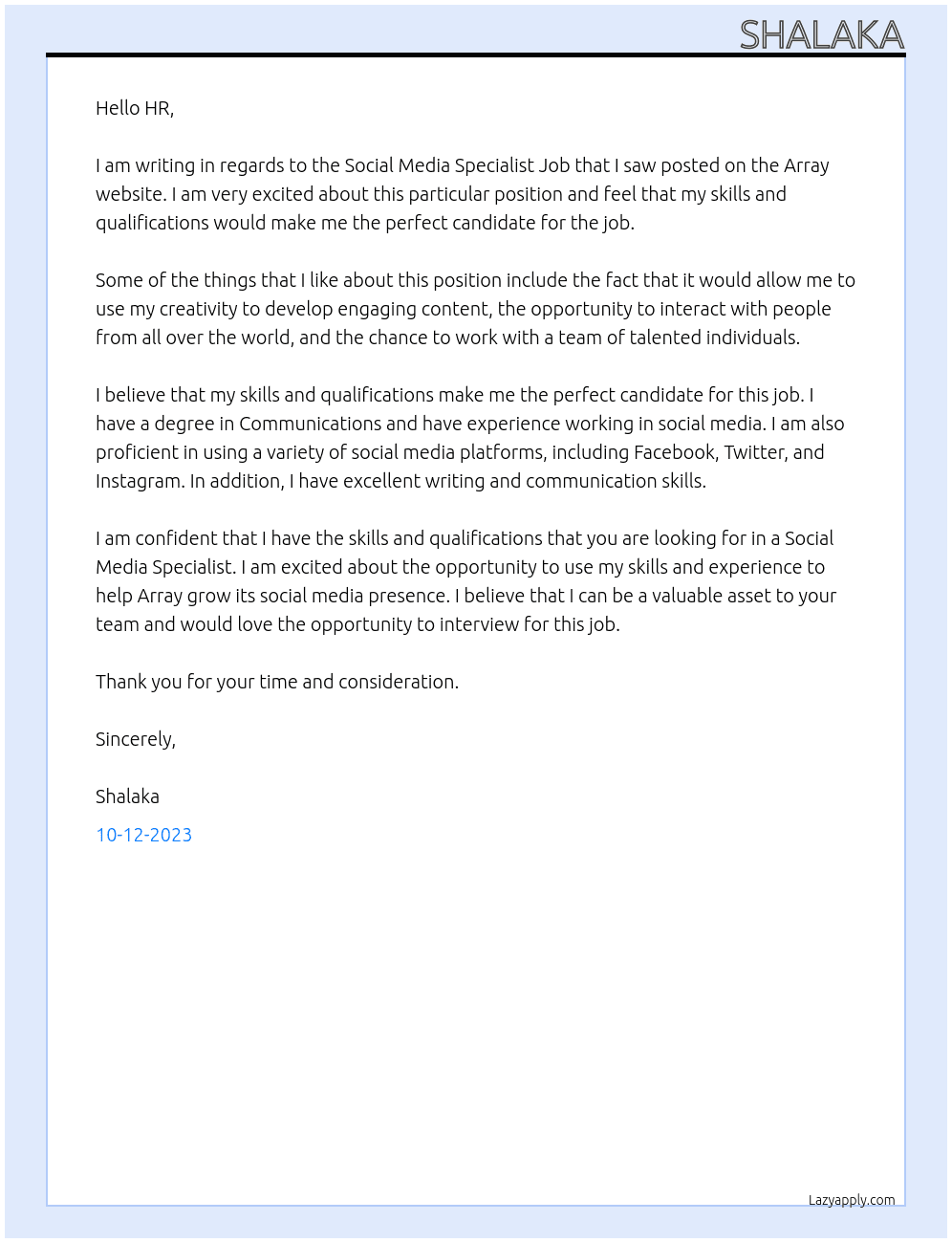 Social Media Specialist Job  At Array Cover Letter