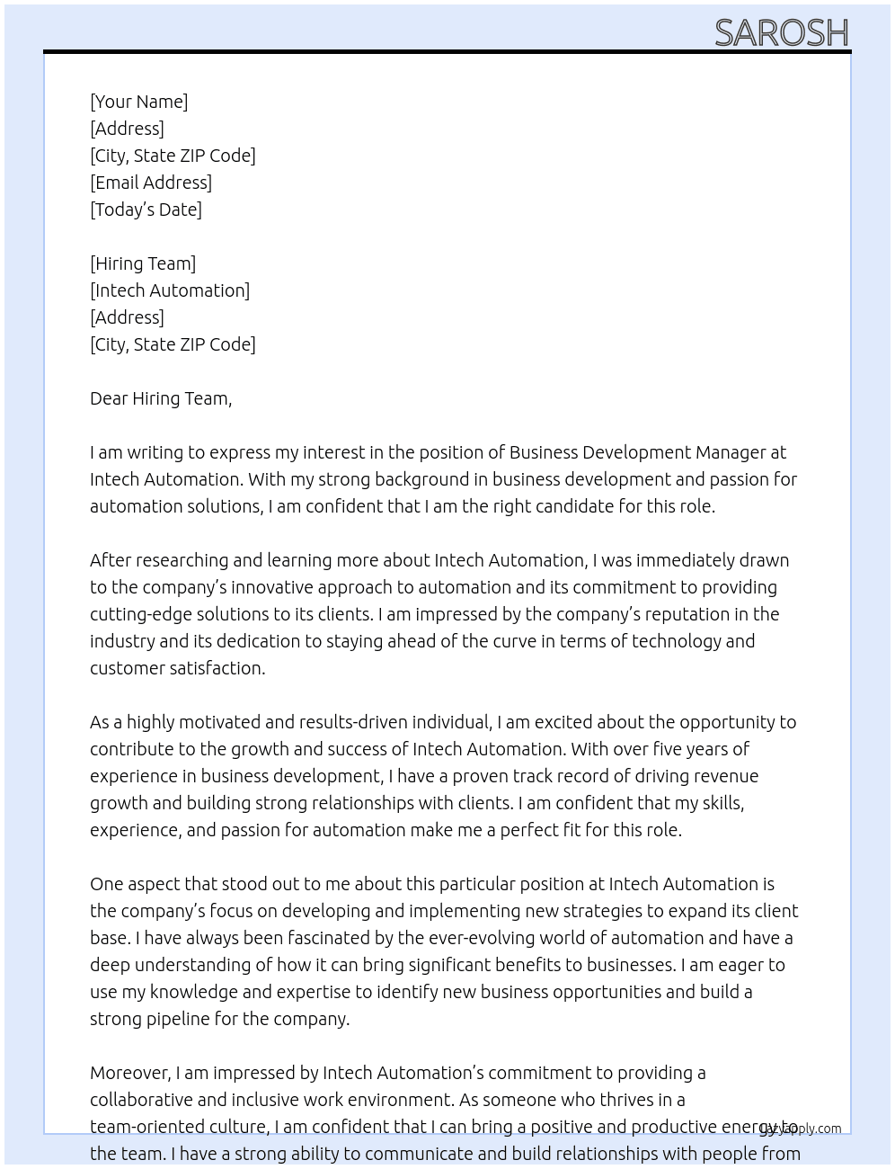 Business Development Manager At Intech Automation Cover Letter