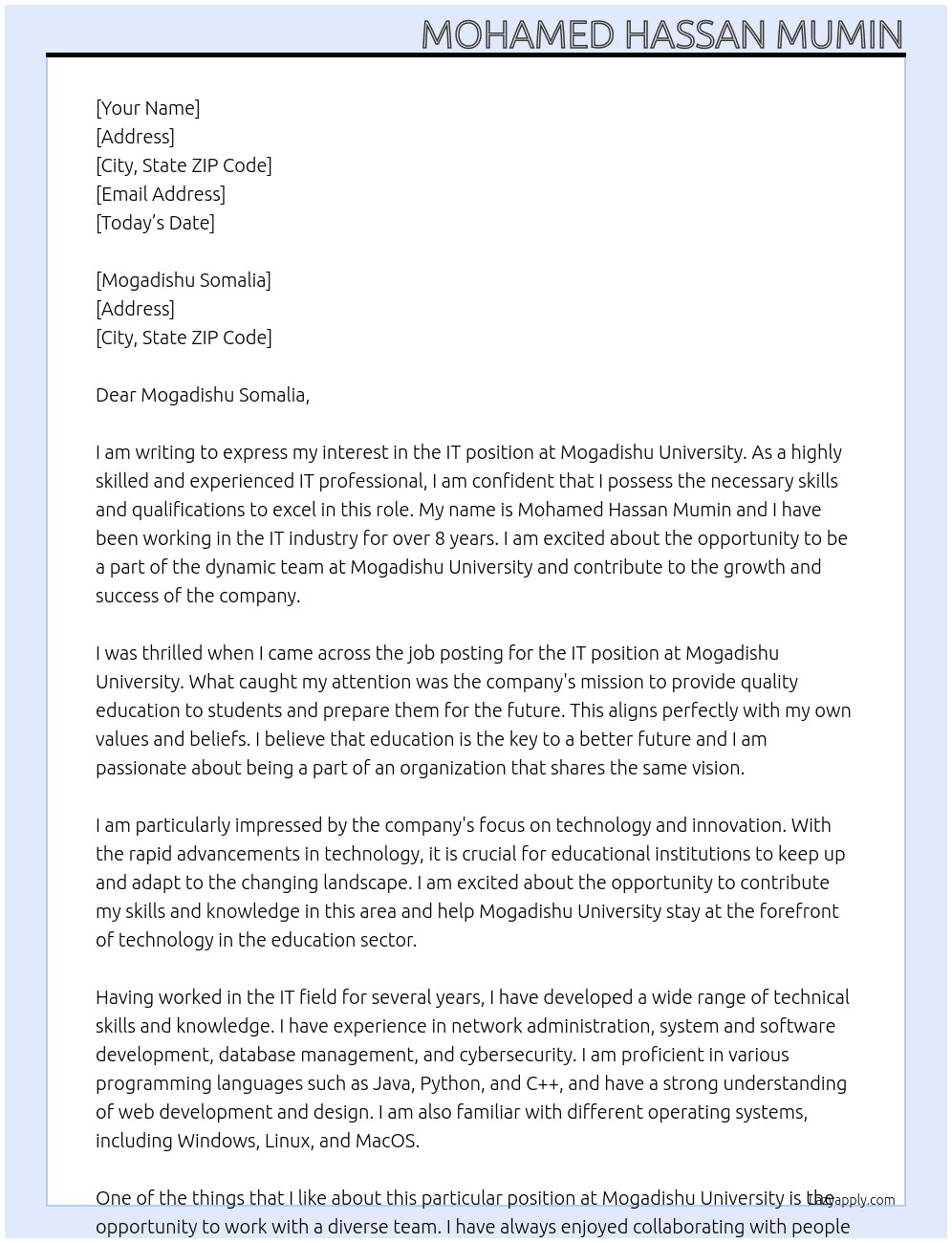 IT At MOGADISHU UMIVERSITY Cover Letter