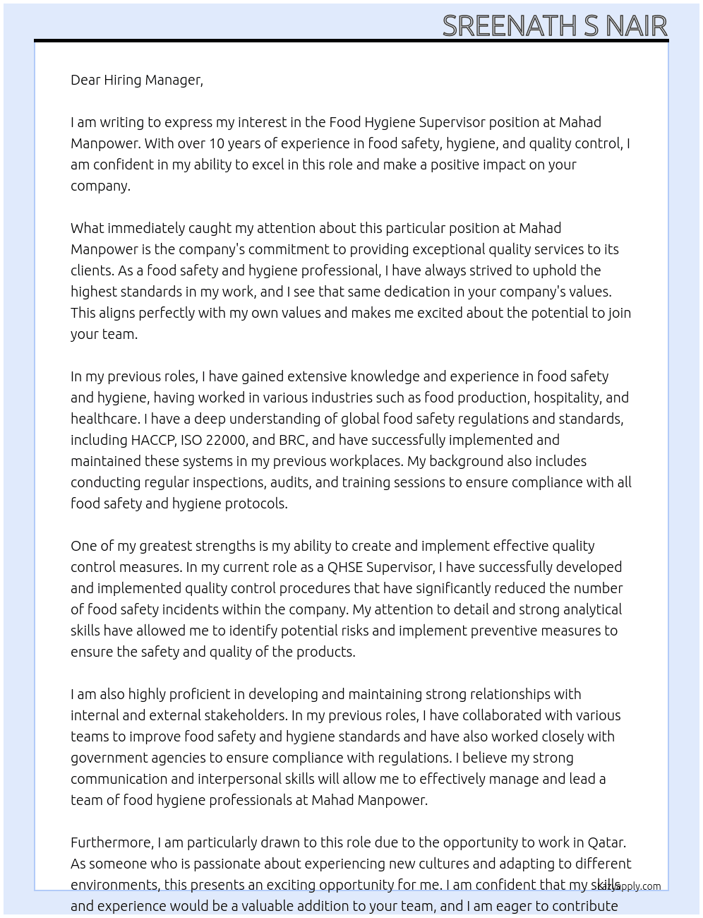 Food Hygiene Supervisor At Mahad Manpower Cover Letter