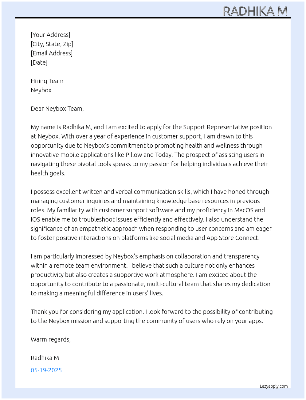 Customer support representative  At Neybox Cover Letter