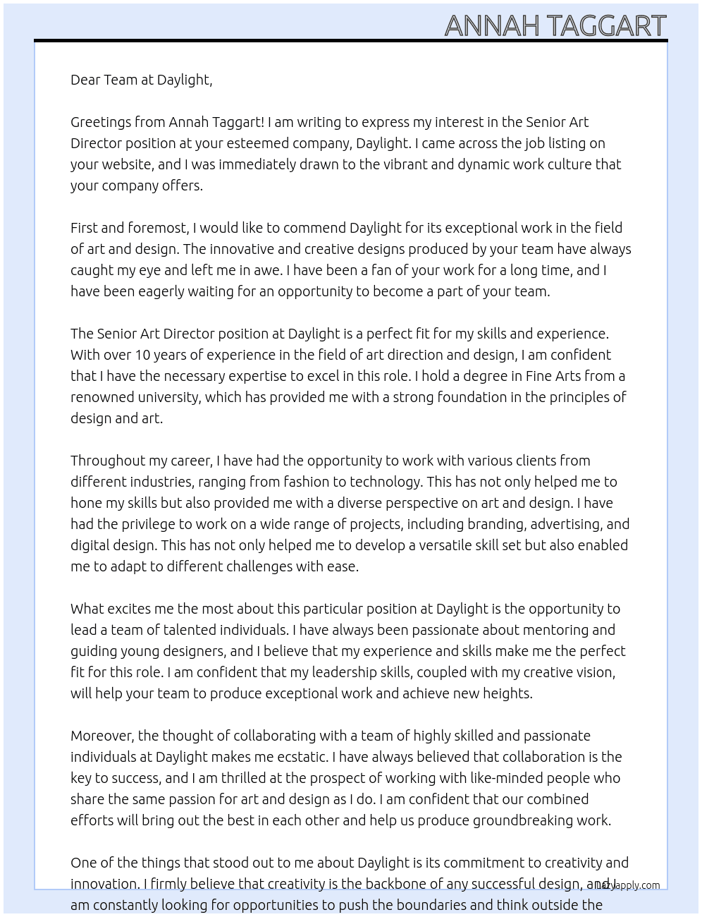 Senior Art Director At Daylight Cover Letter