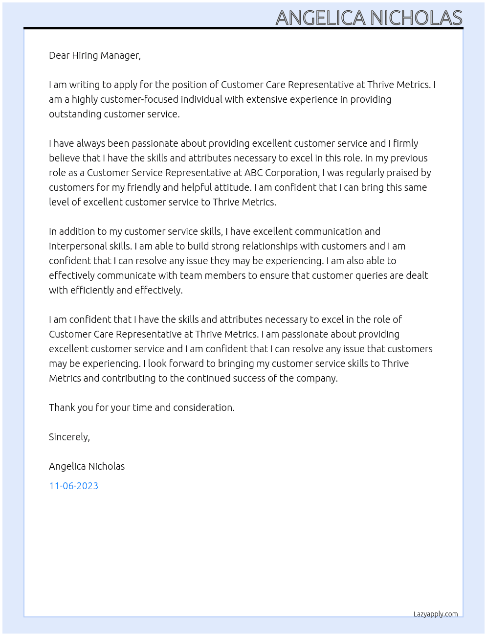 Customer Care Representative At Thrive Metrics Cover Letter