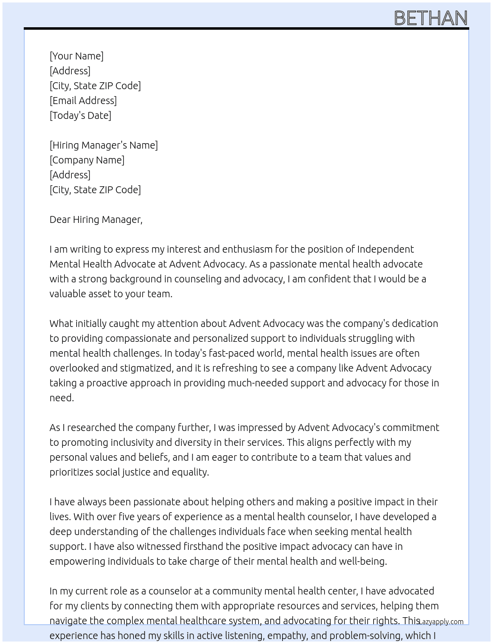 Independant mental health advocate At Advent Advocacy Cover Letter
