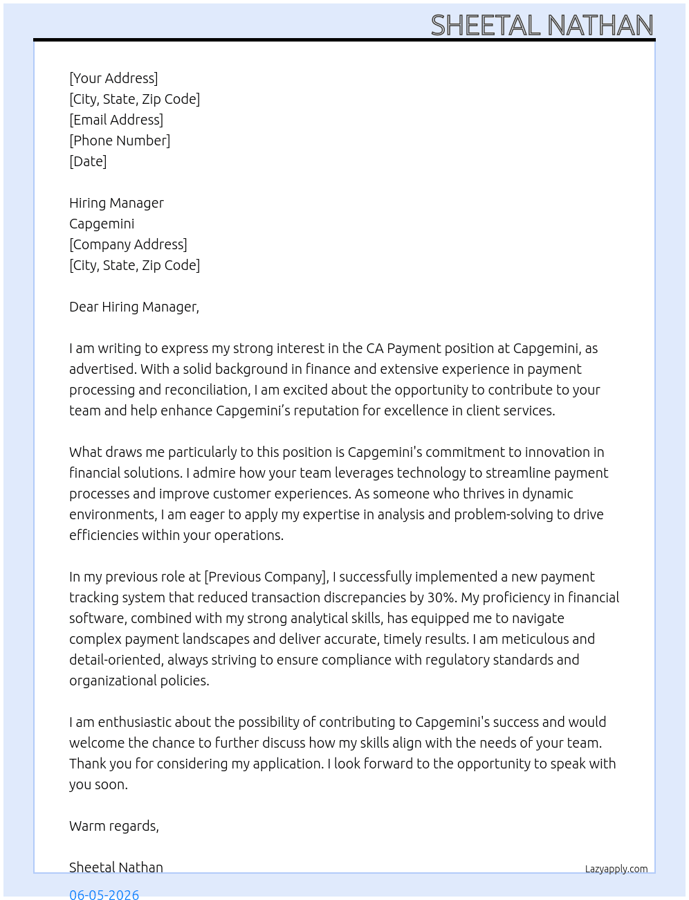 Cover letter for ca payment - LazyApply