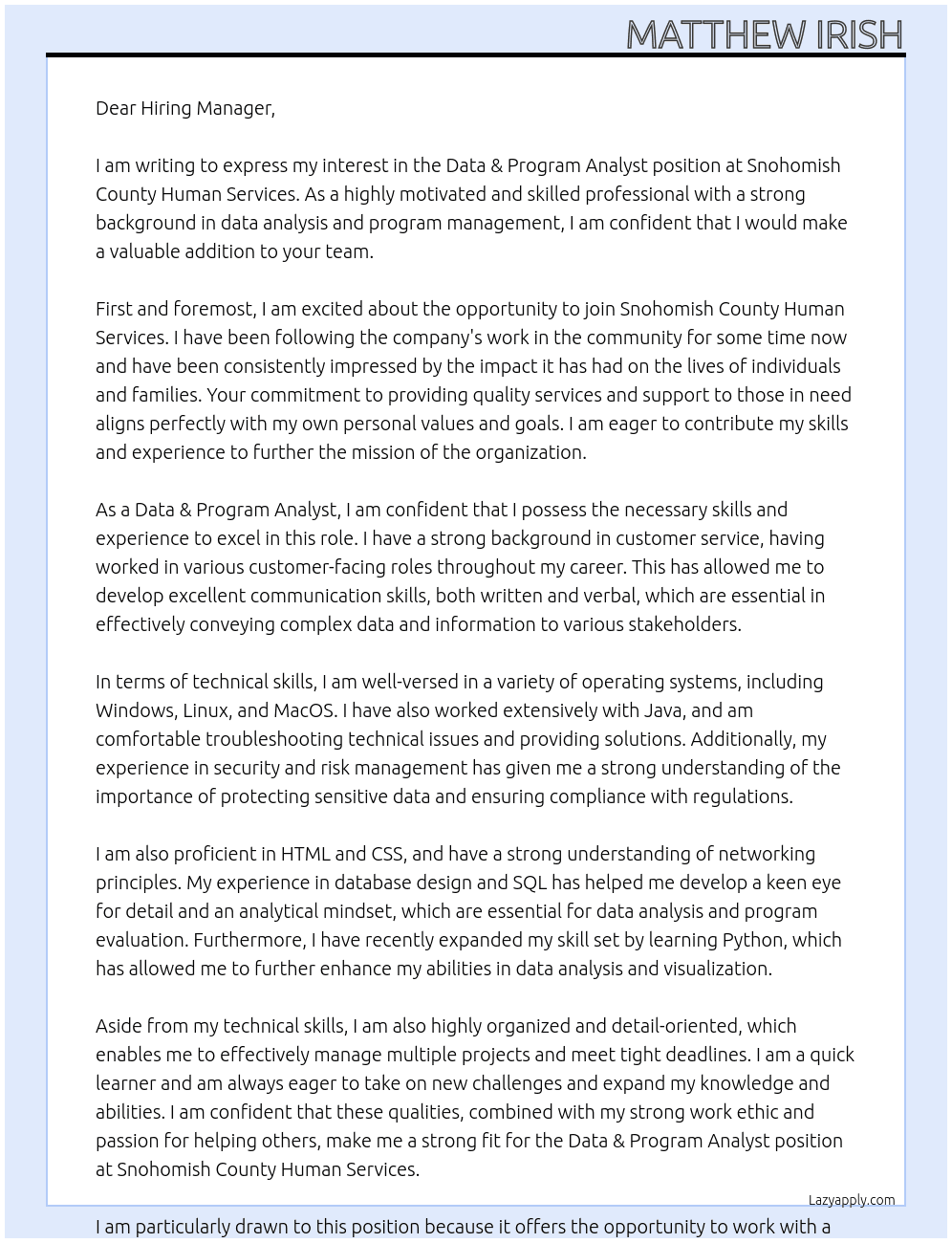 Data & Program Analyst At Snohomish County Human Services Cover Letter
