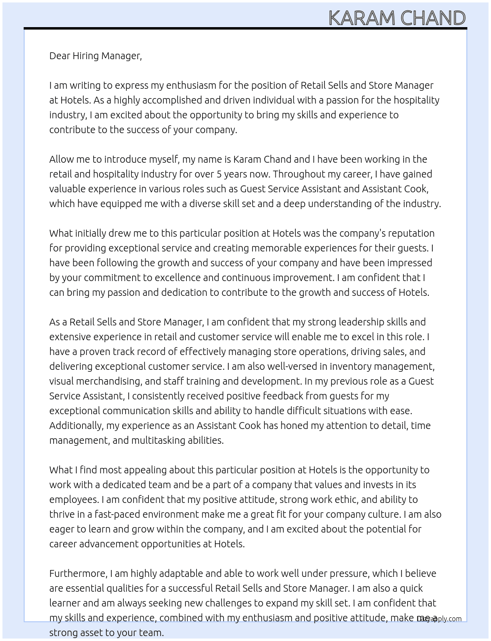 retail sells and store manager At hotels Cover Letter