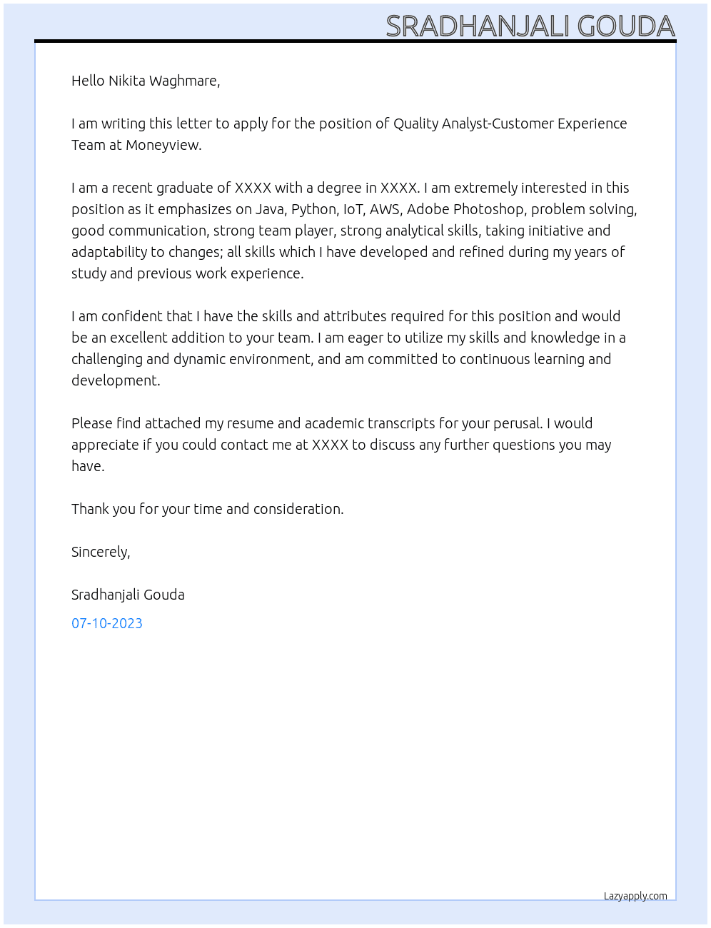 Quality Analyst-Customer Experience Team At Moneyview Cover Letter