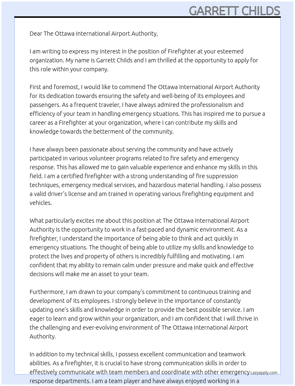 Firefighter At The Ottawa International Airport Authority Cover Letter