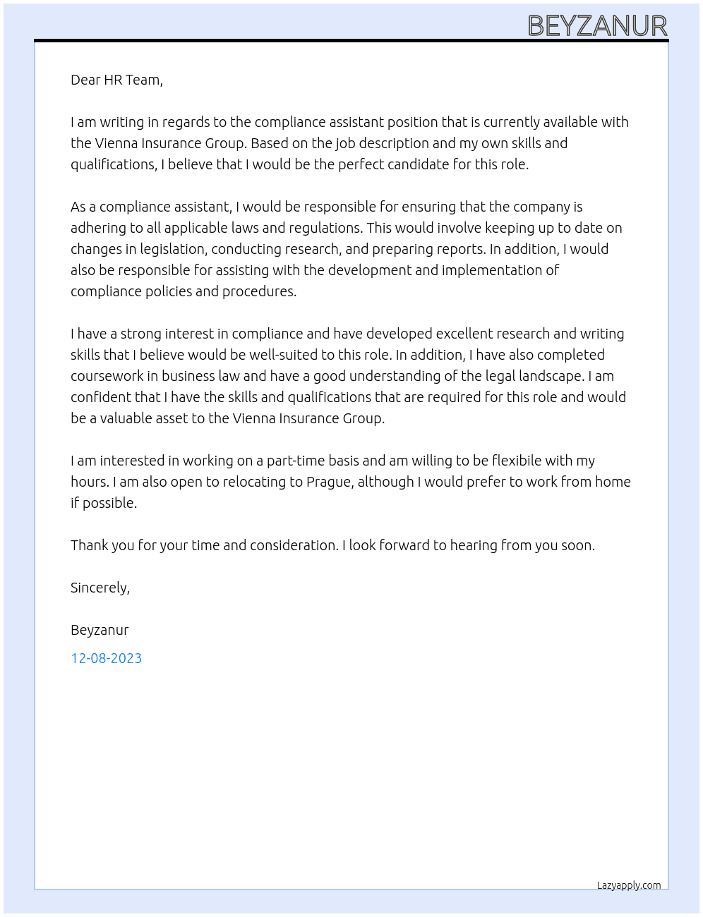 Compliance assistant At Vienna Insurance Group Cover Letter