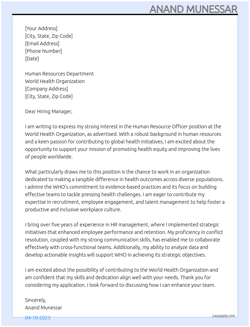 Human Resource Officer At World Health Organisation Cover Letter