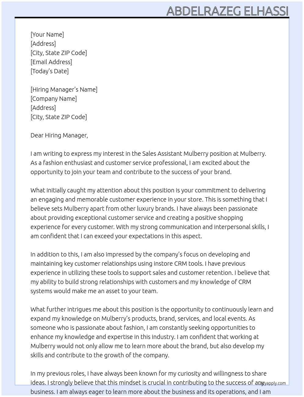 Sales Assistant Mulberry  At Mulberry  Cover Letter