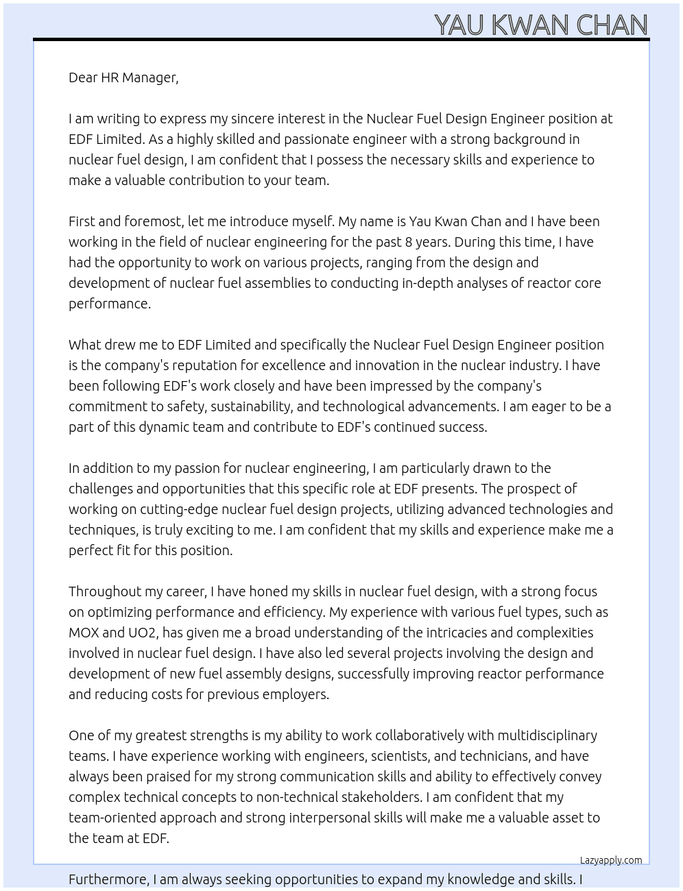 Nuclear Fuel Design Engineer At EDF Limited Cover Letter