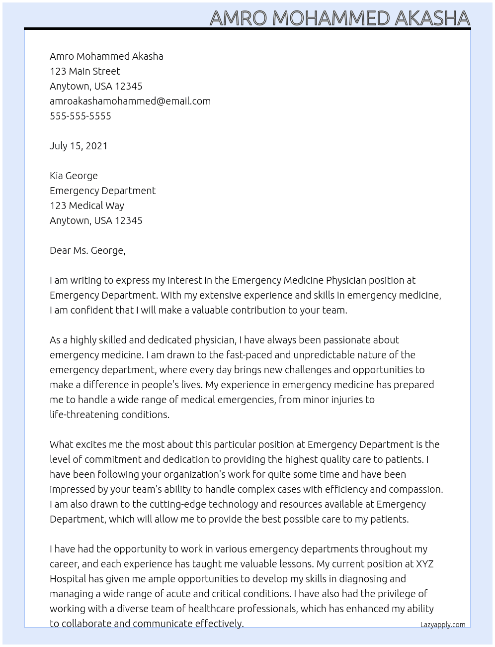 Emergency Medicine Physican At Emergency Department  Cover Letter