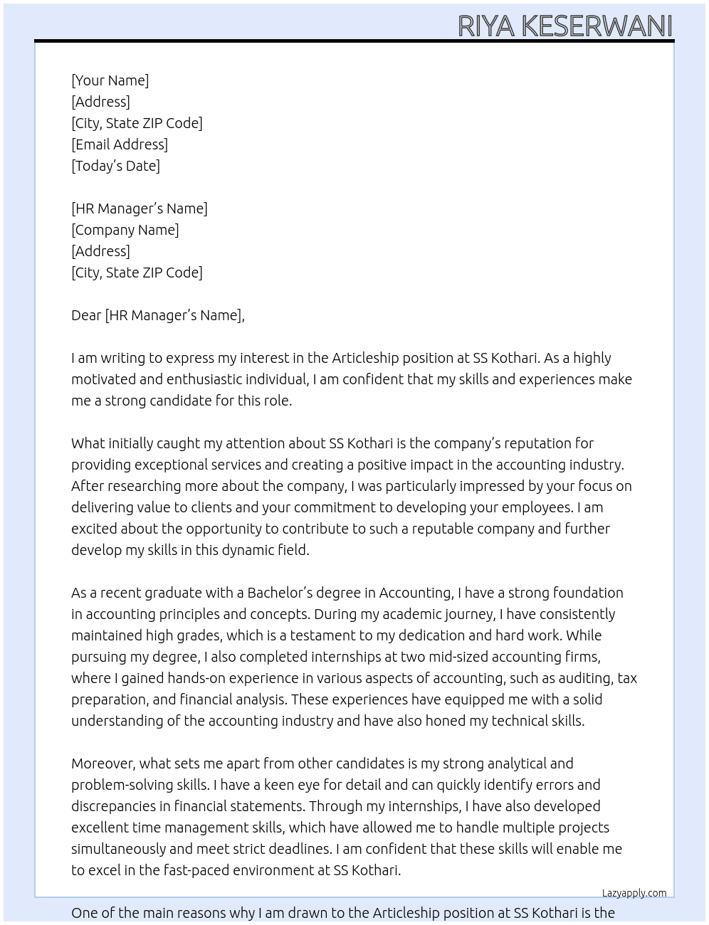 Articleship  At ss kothari Cover Letter