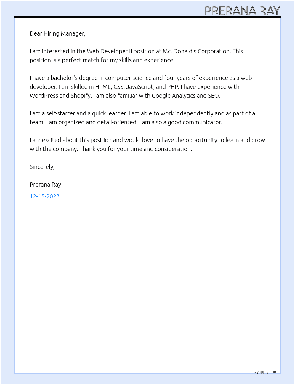 Web Developer II At Mc. Donald's Corporation Cover Letter