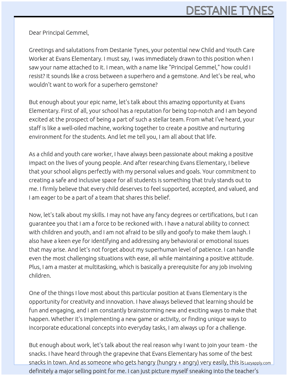 Child and Youth Care Worker At Evans Elementary Cover Letter