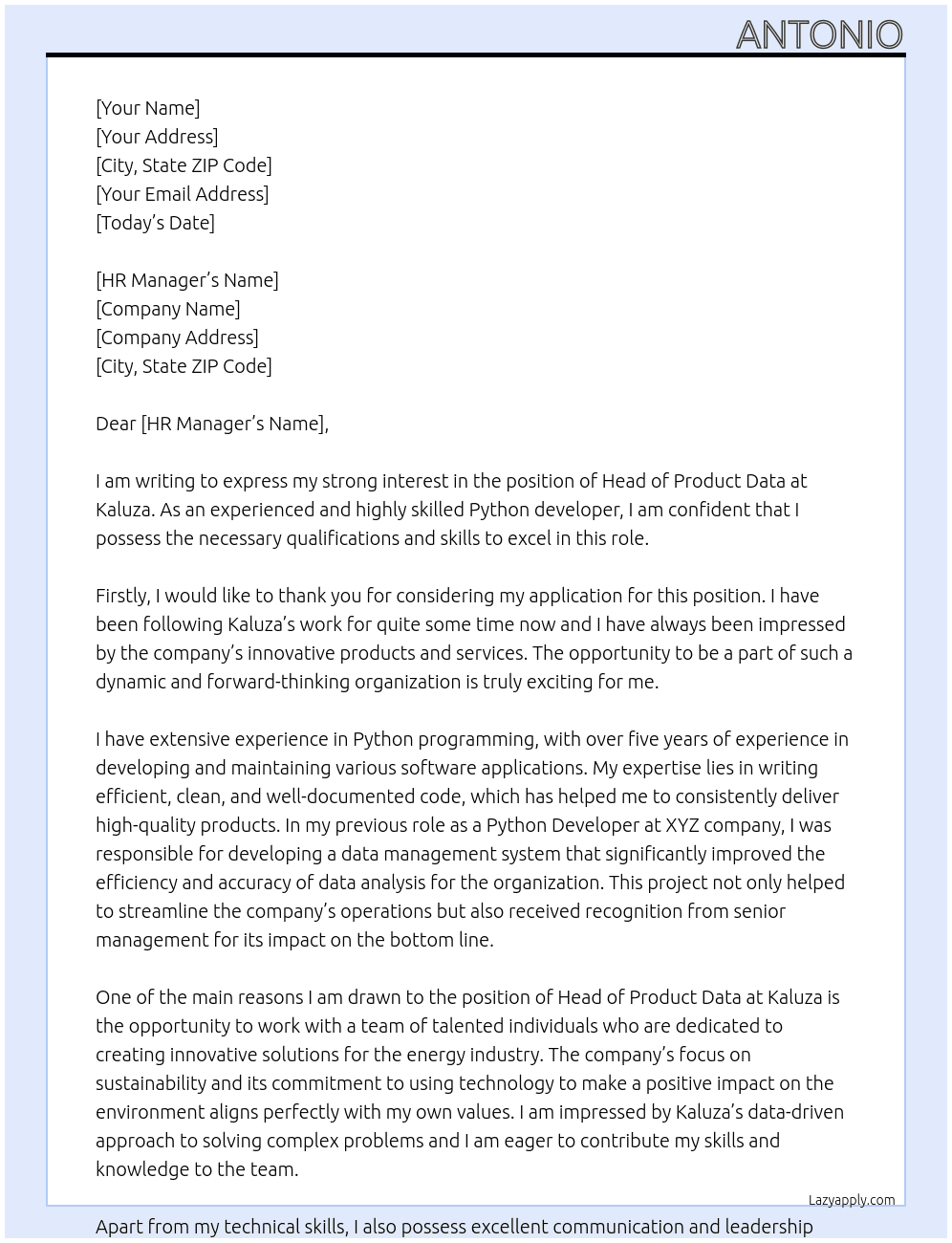 Head of Product Data At Kaluza Cover Letter