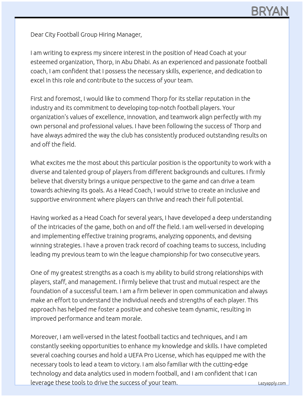 Head Coach - Abu Dhabi At Thorp Cover Letter