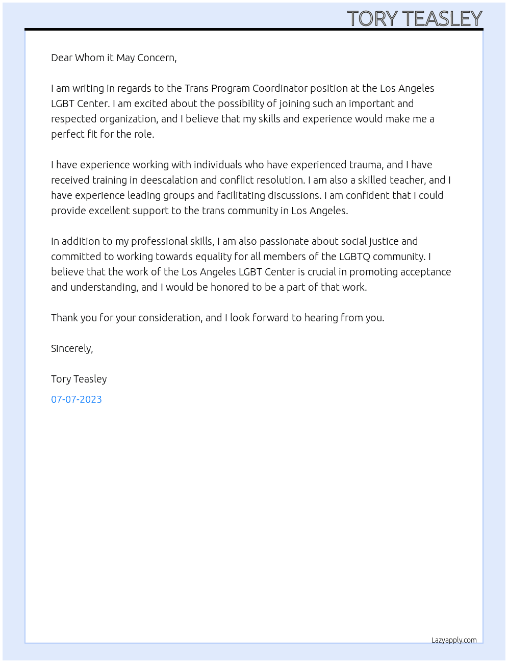 Trans Program Coordinator  At Los Angeles LGBT Center Cover Letter
