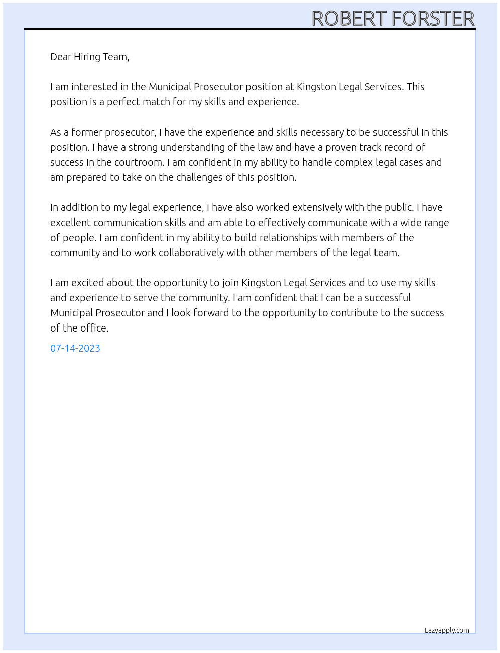 Municipal Prosecutor At Kingston Legal Services Cover Letter