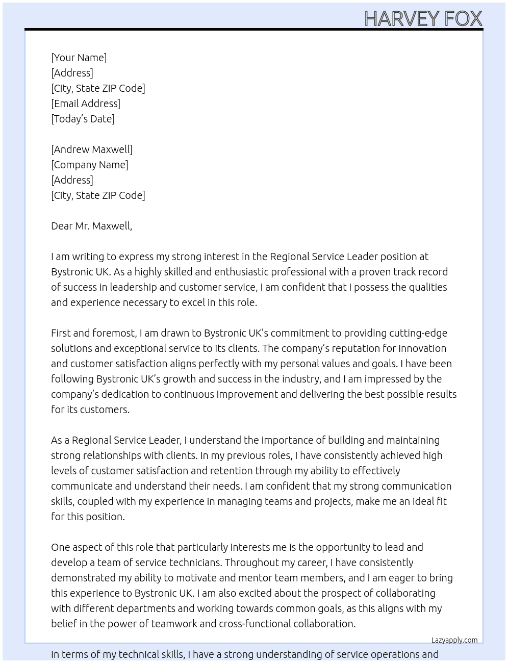 Regional Service Leader At Bystronic UK Cover Letter