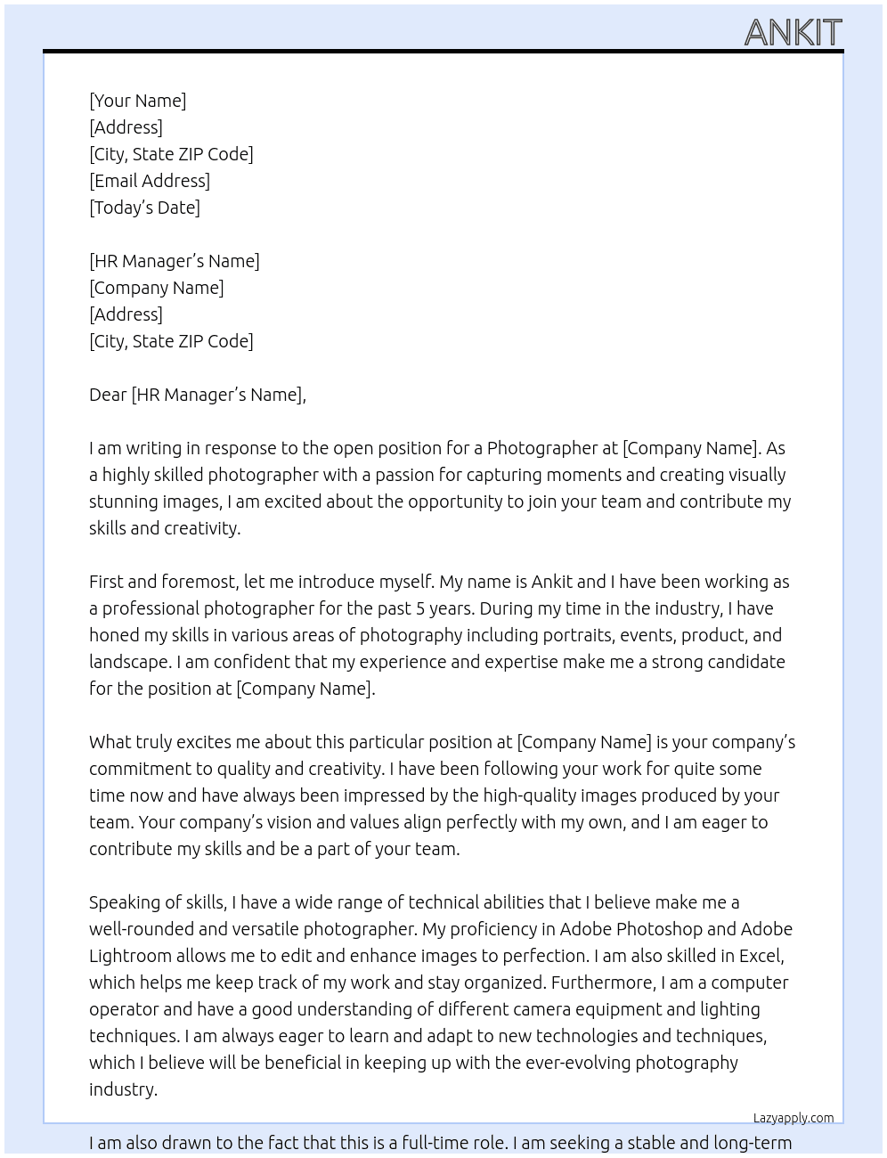 Photographer  At Photographer  Cover Letter