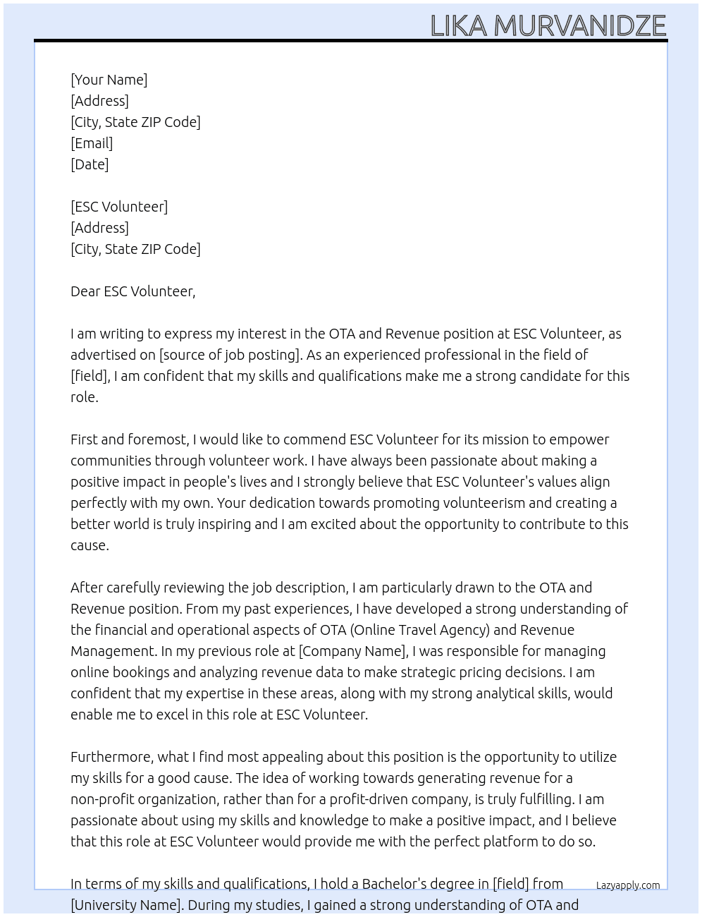 OTA and Revenue  At ESC volunteer Cover Letter