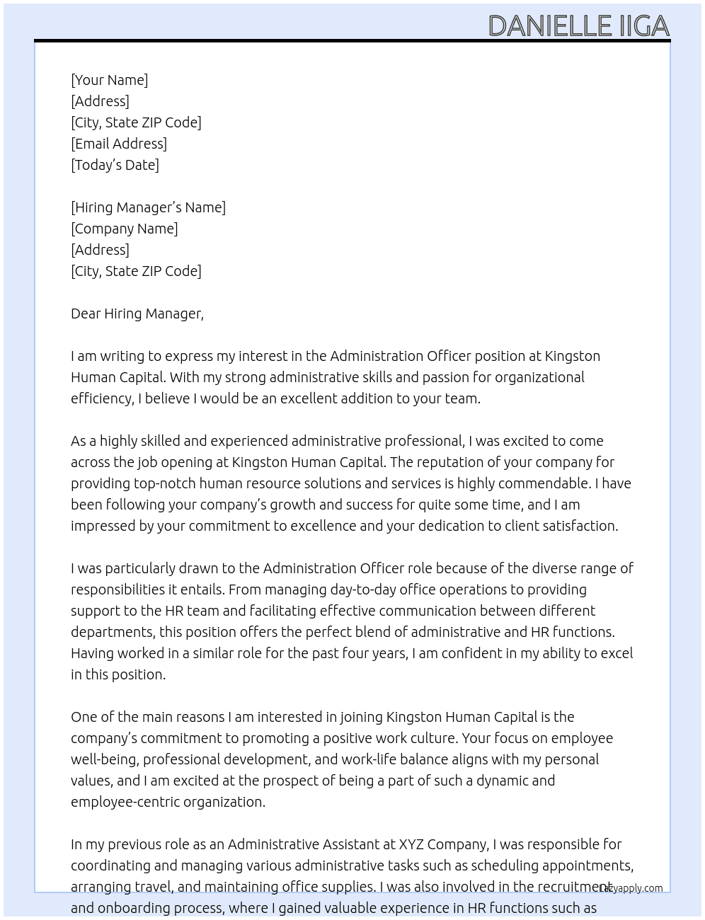 Administration Officer At Kingston Human Capital Cover Letter