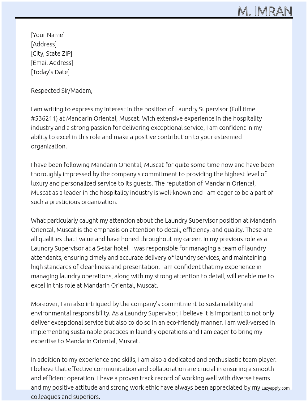 Laundry Supervisor (Full time #536211) At Mandarin Oriental, Muscat Cover Letter