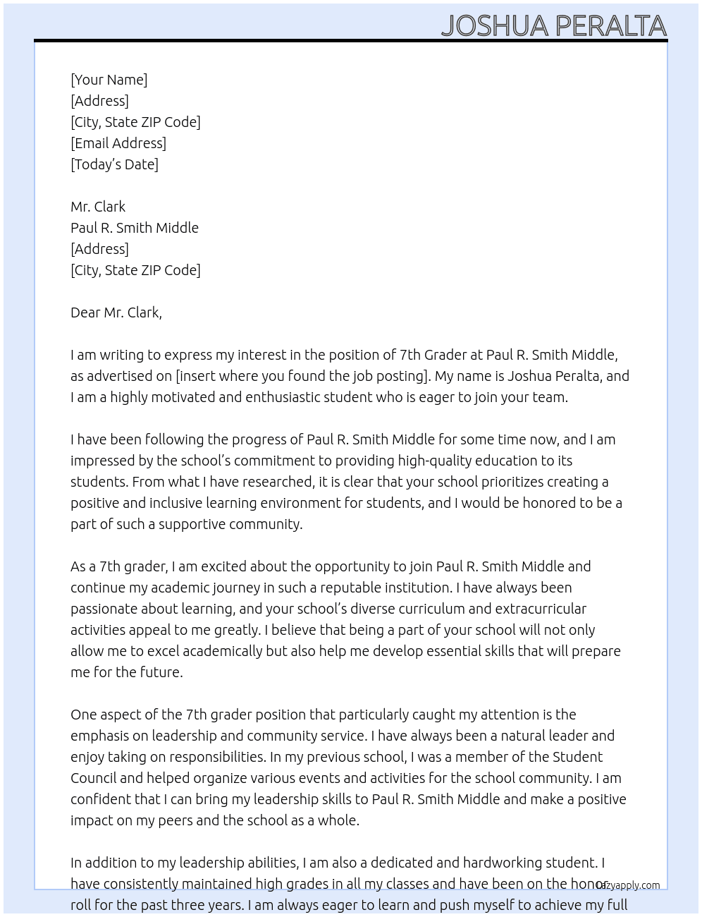 7th Grader At Paul R. Smith Middle Cover Letter