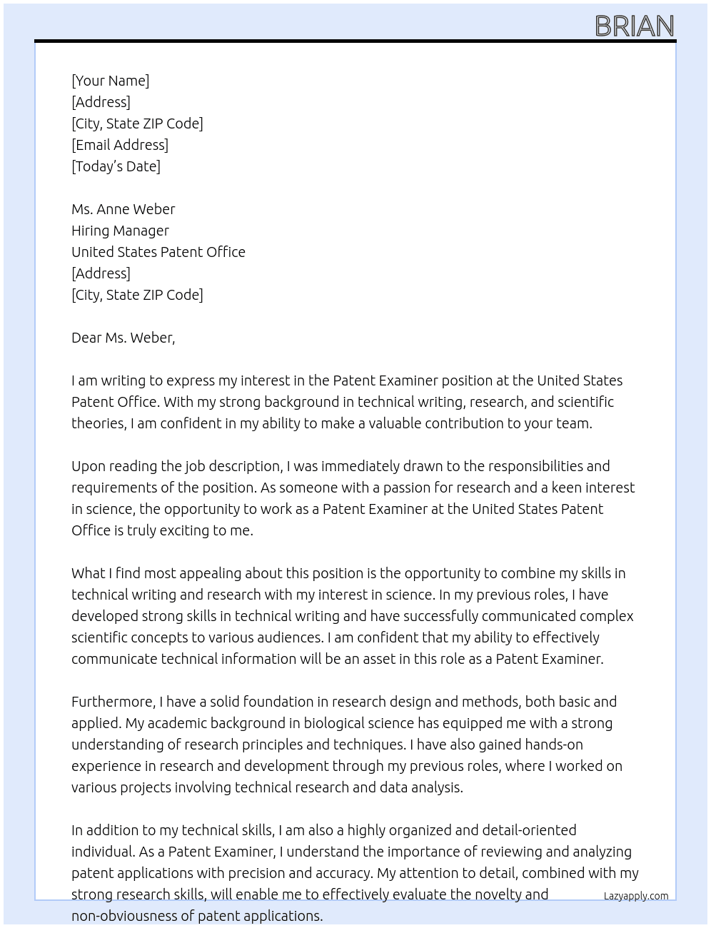 Patent Examiner At United States Patent Office Cover Letter