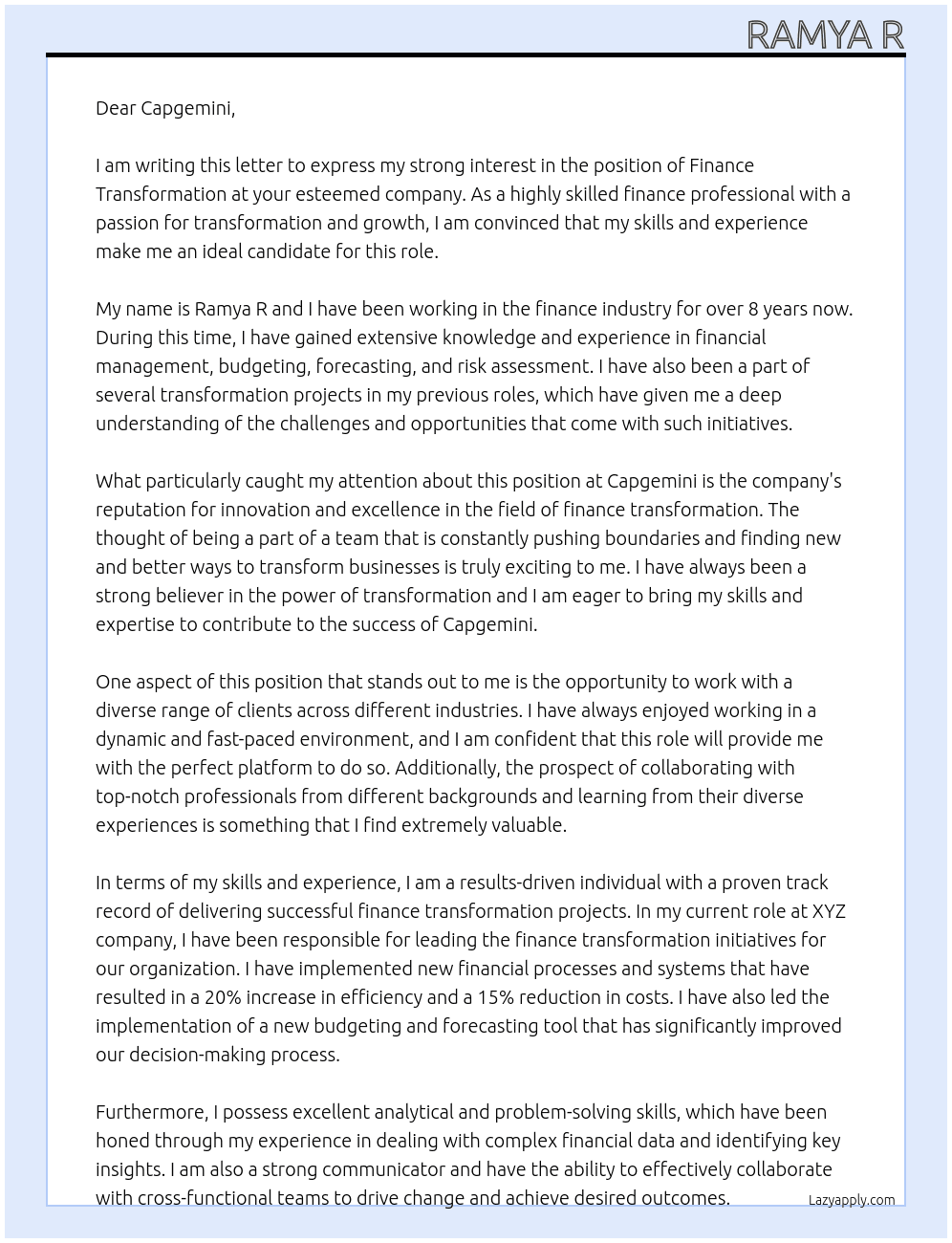 finance transformation At Ramya R Cover Letter