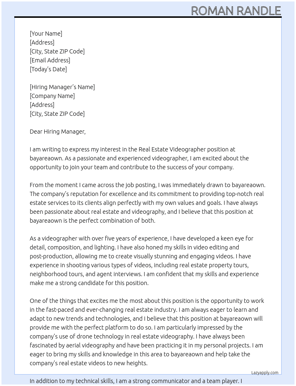 Real estate videographer At bayareaown Cover Letter