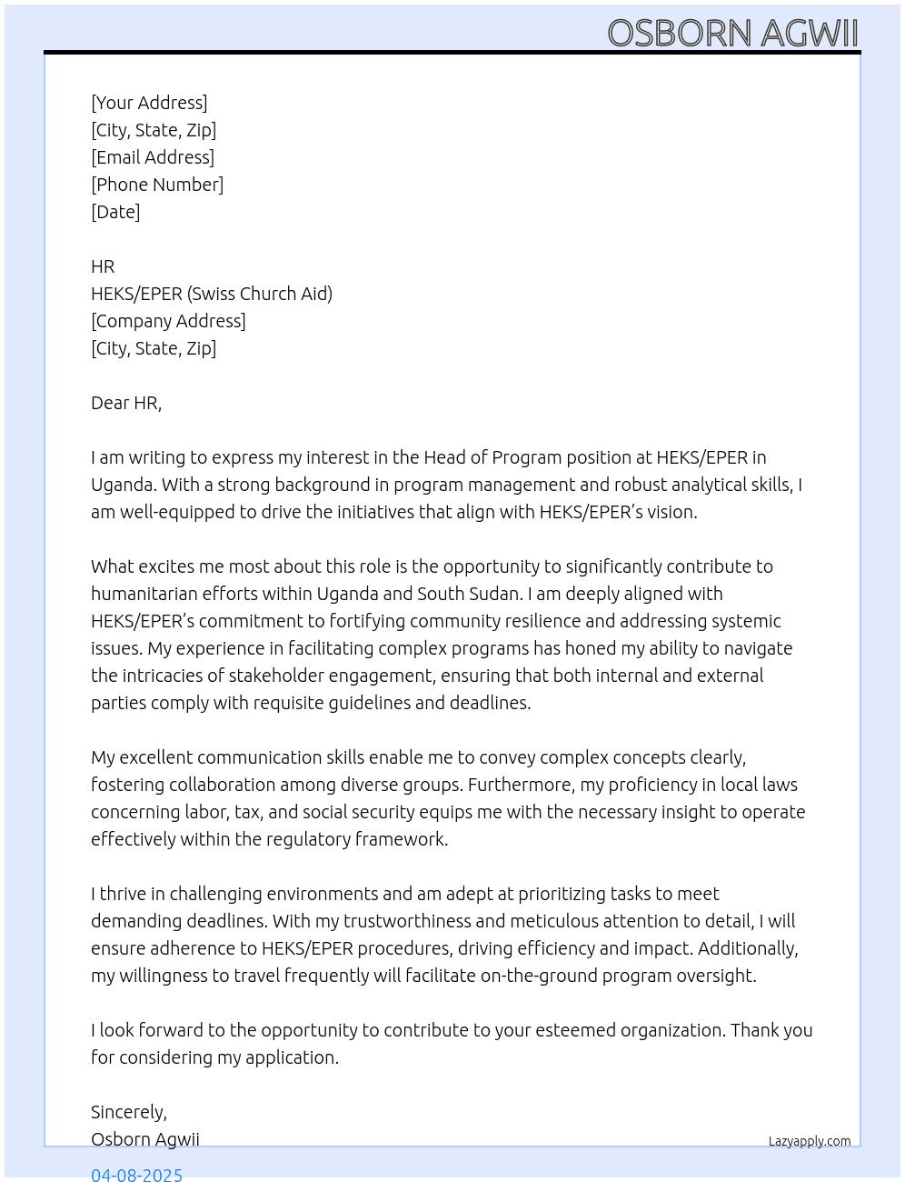 Cover letter for head of program - LazyApply
